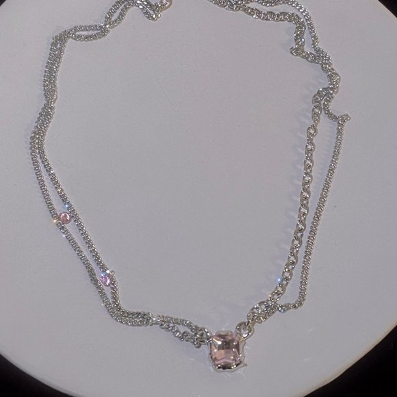 Double stacked square pink zircon necklace - Picture 6 of 13